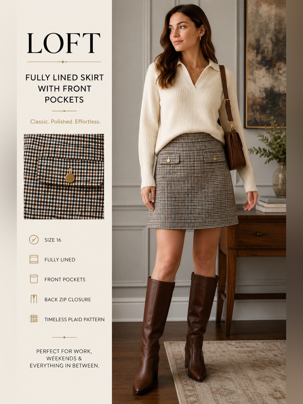 EUC LOFT Fully Lined Plaid Mini Skirt Size 16 Brown Blue Checkered Career Chic